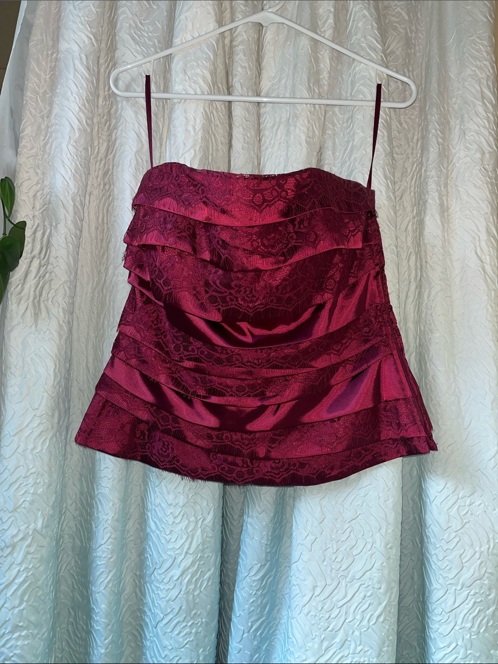 White House Black Market Burgundy Satin Lace Strapless Top